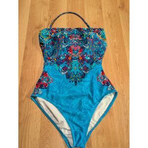 Ralph Lauren Green Label Blue Blue Floral Paisley One Piece Halter Swimsuit Sz 6